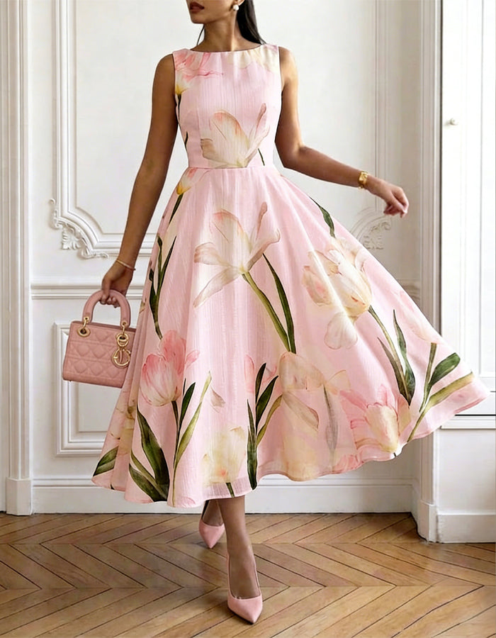 Pink Watercolor Tulip Boat Neck Sleeveless Fitted Waist Midi Dress