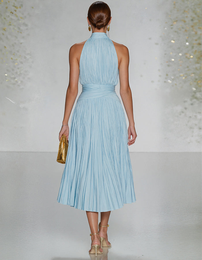 Blue Pleated Halter Neck Midi Dress