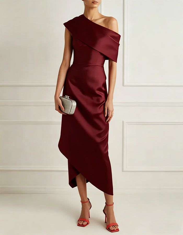 Solid Color Satin Asymmetrical Shoulder Midi Dress