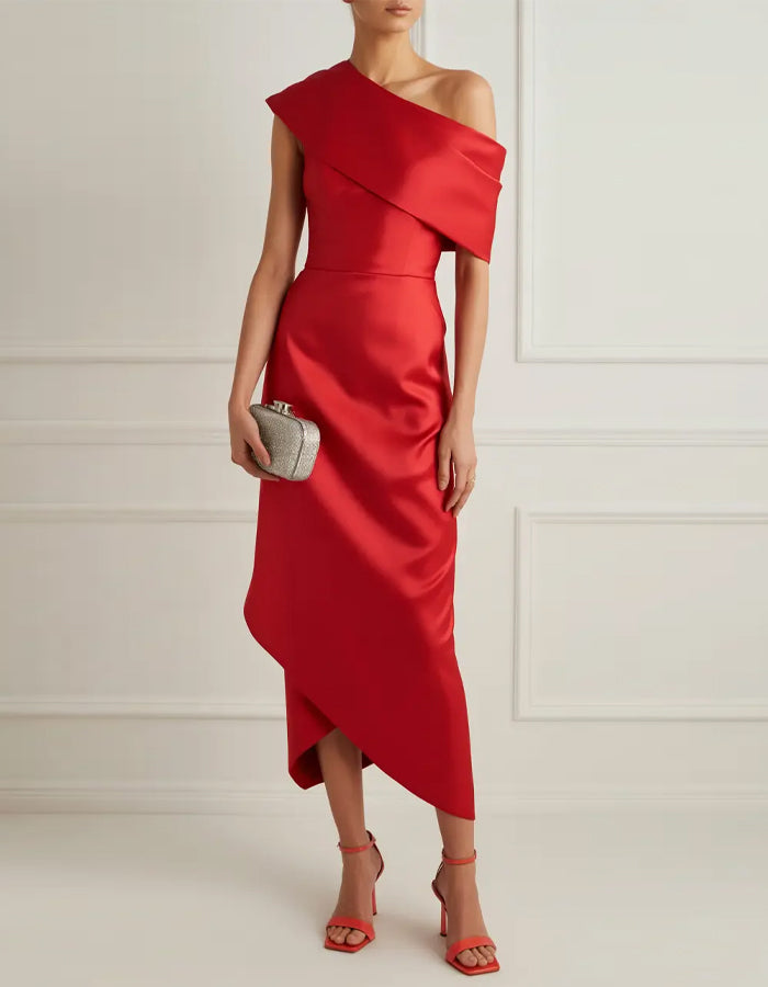 Solid Color Satin Asymmetrical Shoulder Midi Dress