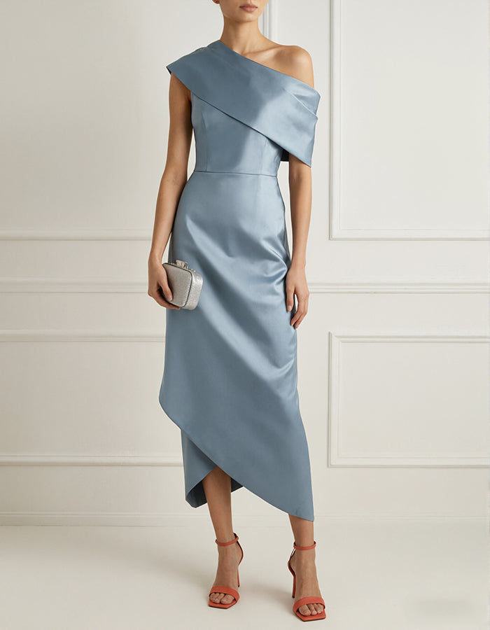 Solid Color Satin Asymmetrical Shoulder Midi Dress