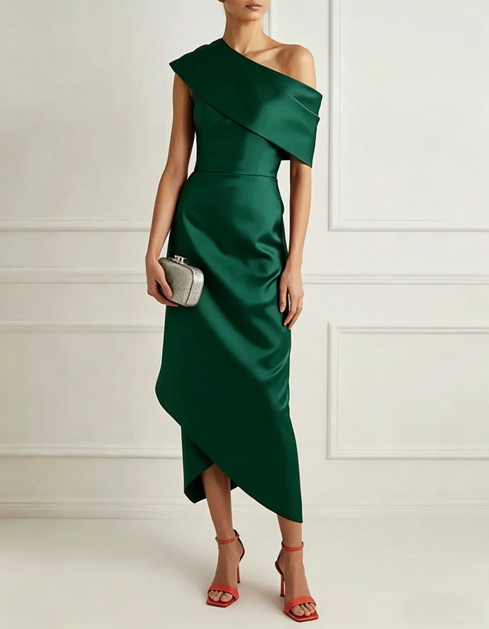 Solid Color Satin Asymmetrical Shoulder Midi Dress