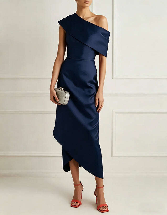 Solid Color Satin Asymmetrical Shoulder Midi Dress