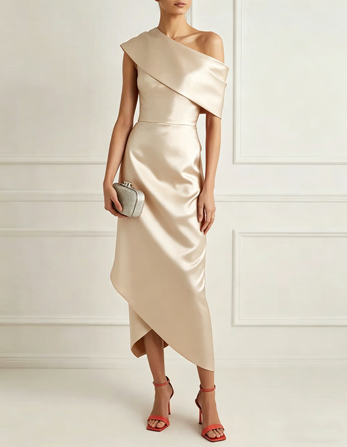 Solid Color Satin Asymmetrical Shoulder Midi Dress