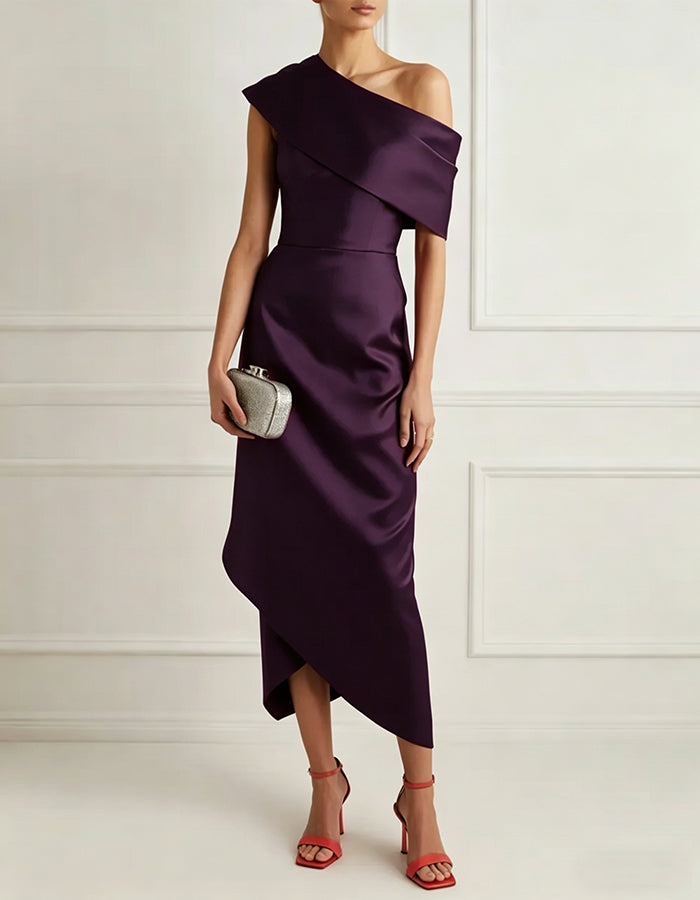 Solid Color Satin Asymmetrical Shoulder Midi Dress
