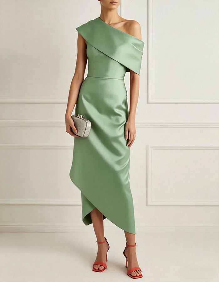 Solid Color Satin Asymmetrical Shoulder Midi Dress