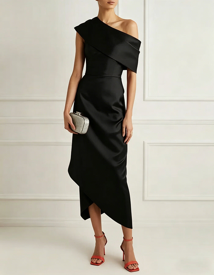 Solid Color Satin Asymmetrical Shoulder Midi Dress – Alizua