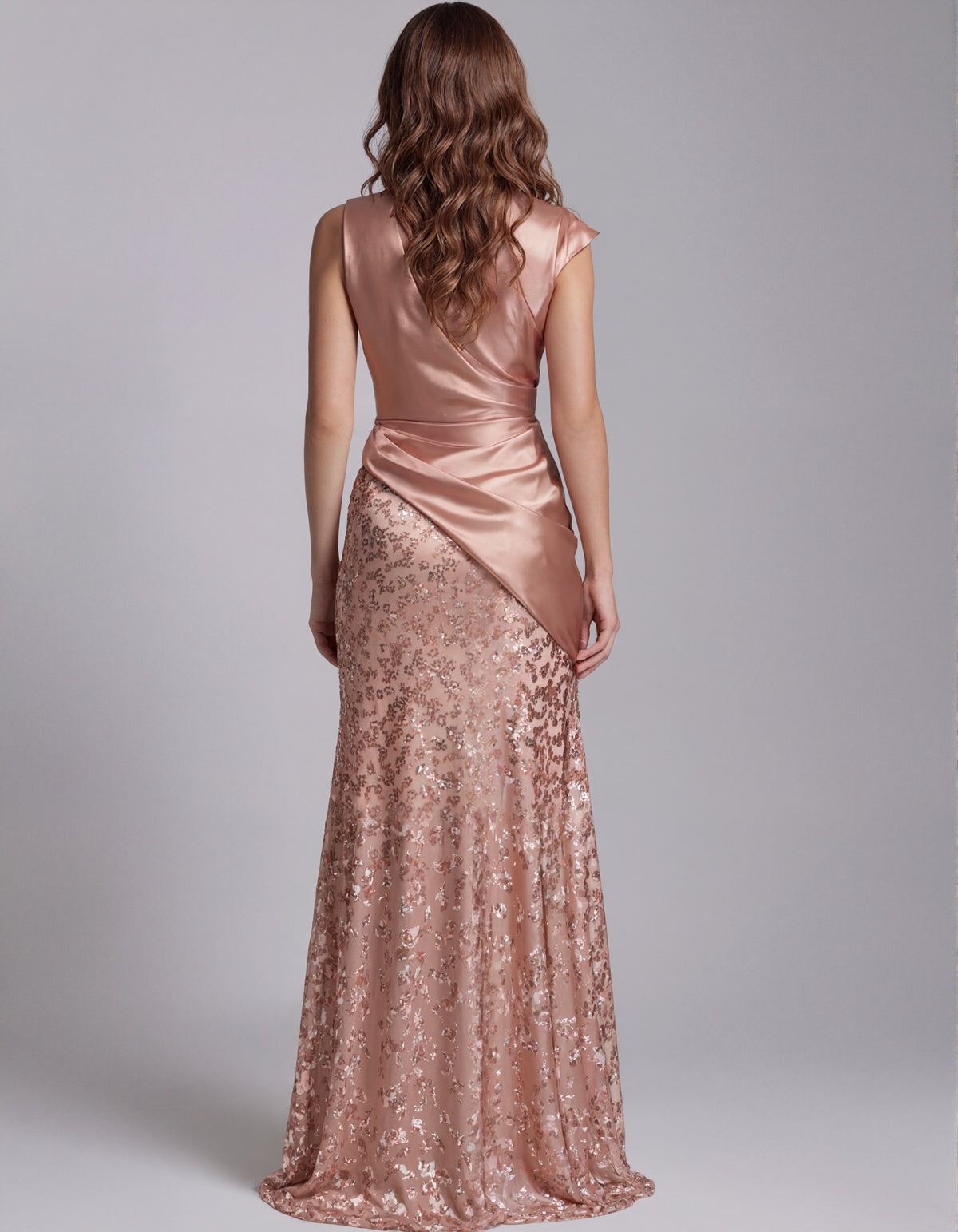 Rose Gold Satin Twisted Sequin Patchwork Fishtail Maxi Dress