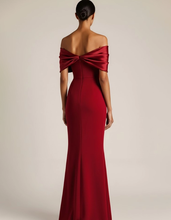 Satin Bow Off-Shoulder Chiffon Fishtail Maxi Dress