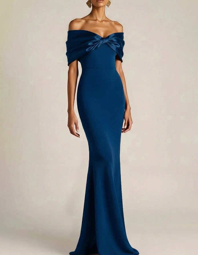Satin Bow Off-Shoulder Chiffon Fishtail Maxi Dress