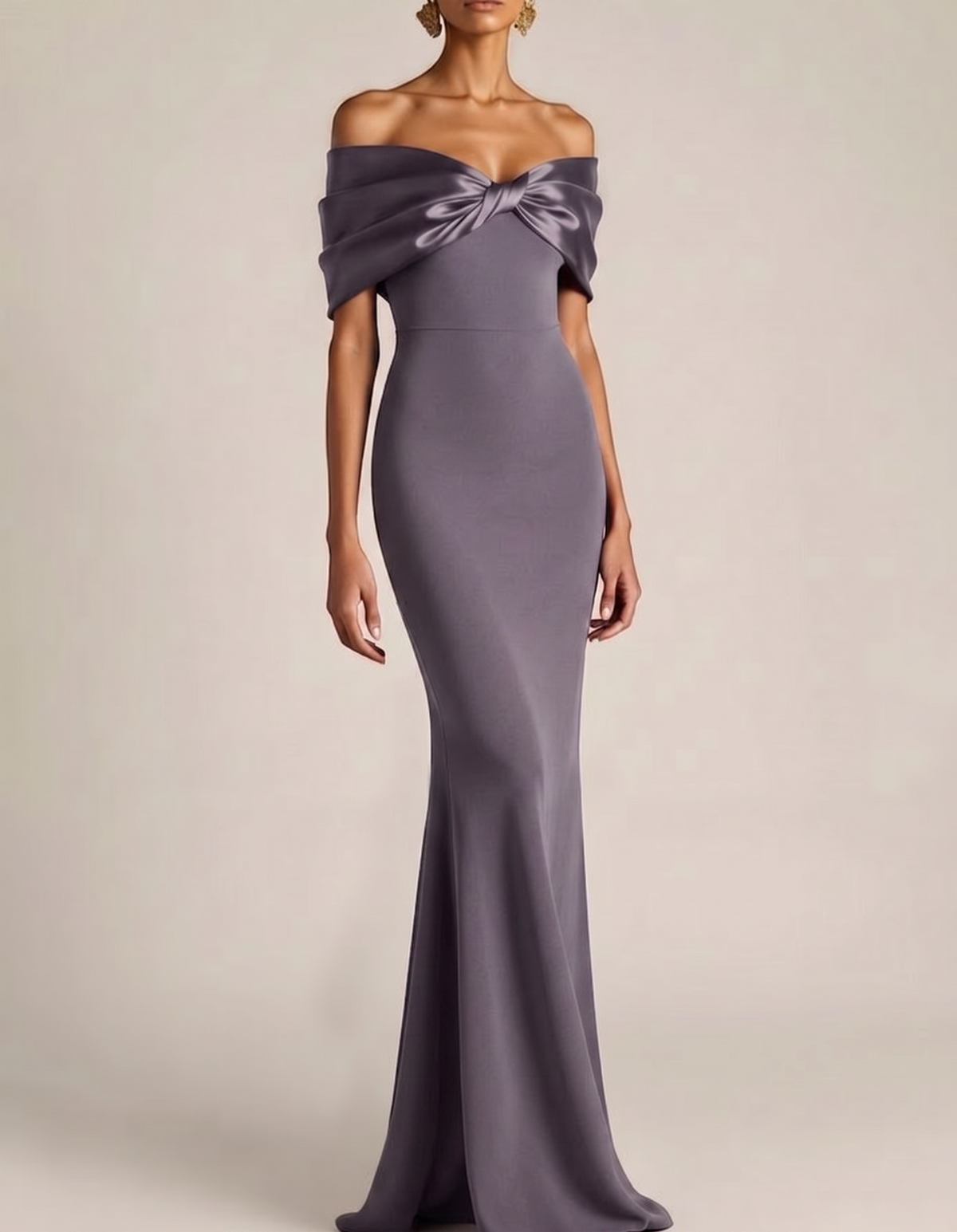 Satin Bow Off-Shoulder Chiffon Fishtail Maxi Dress