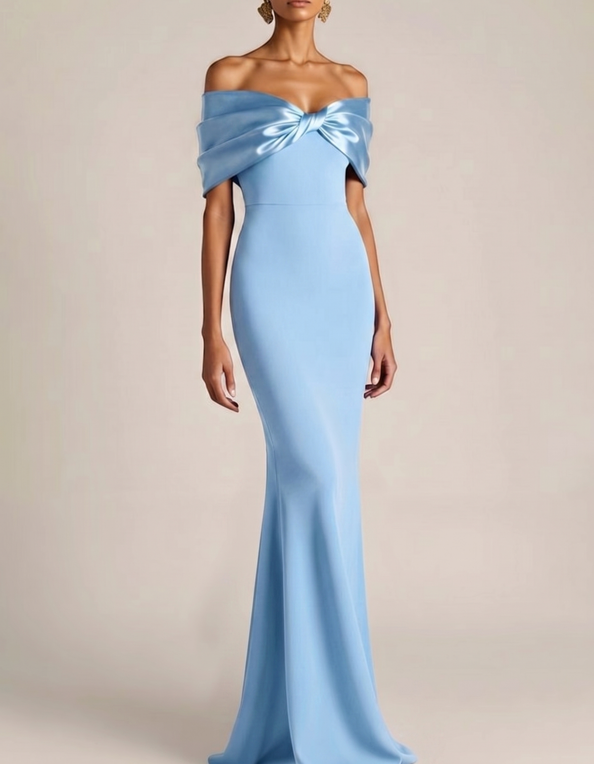 Satin Bow Off-Shoulder Chiffon Fishtail Maxi Dress