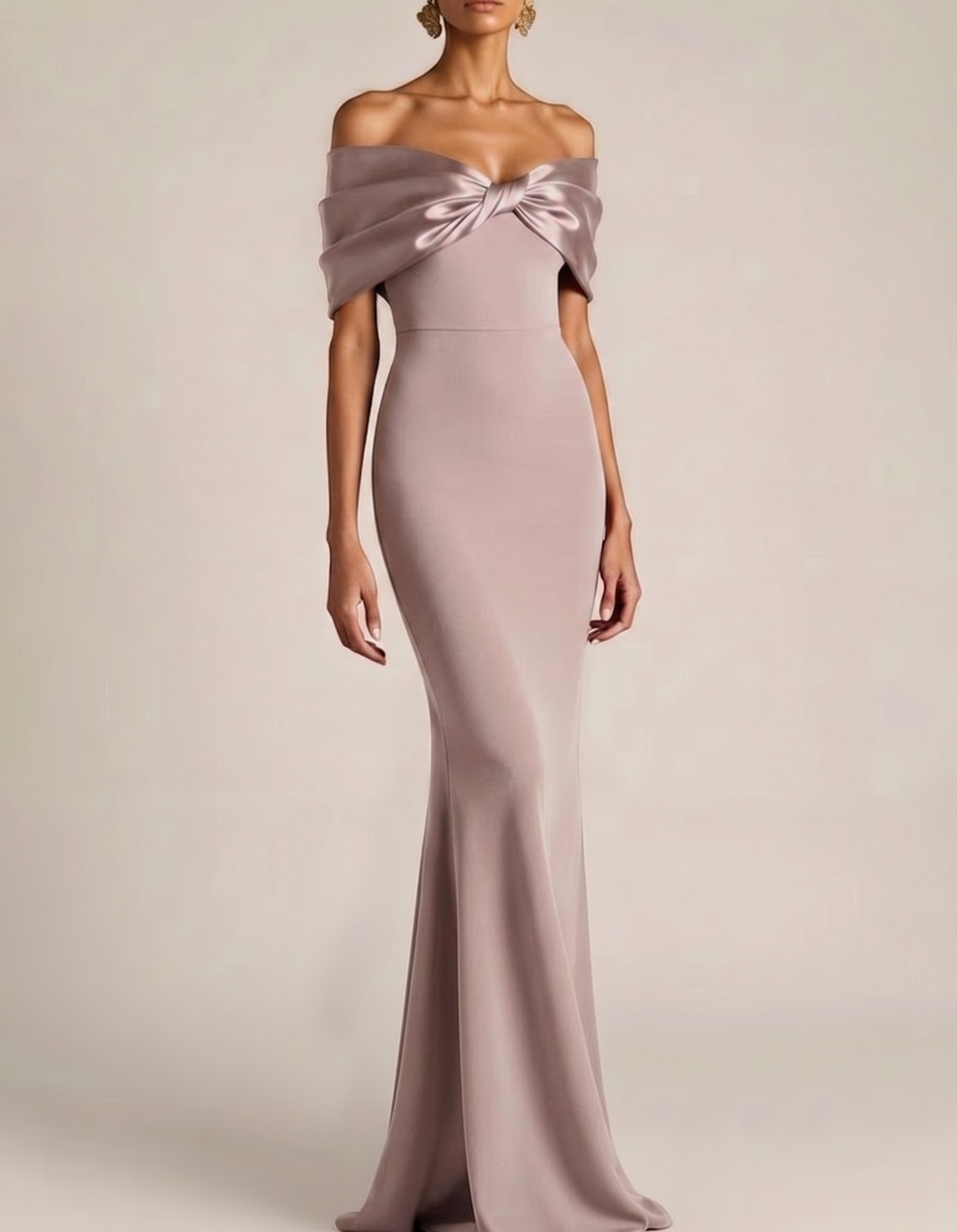 Satin Bow Off-Shoulder Chiffon Fishtail Maxi Dress