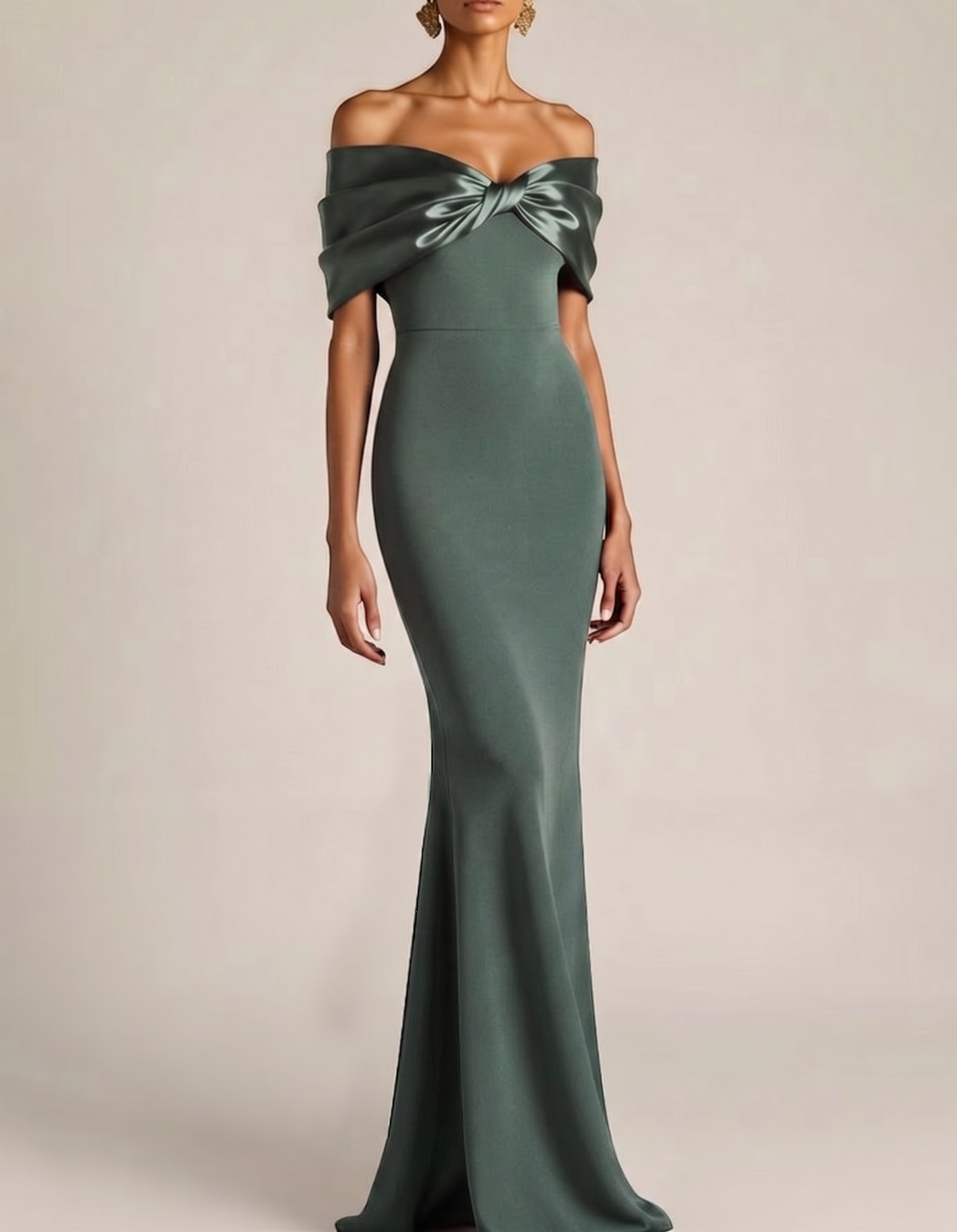 Satin Bow Off-Shoulder Chiffon Fishtail Maxi Dress