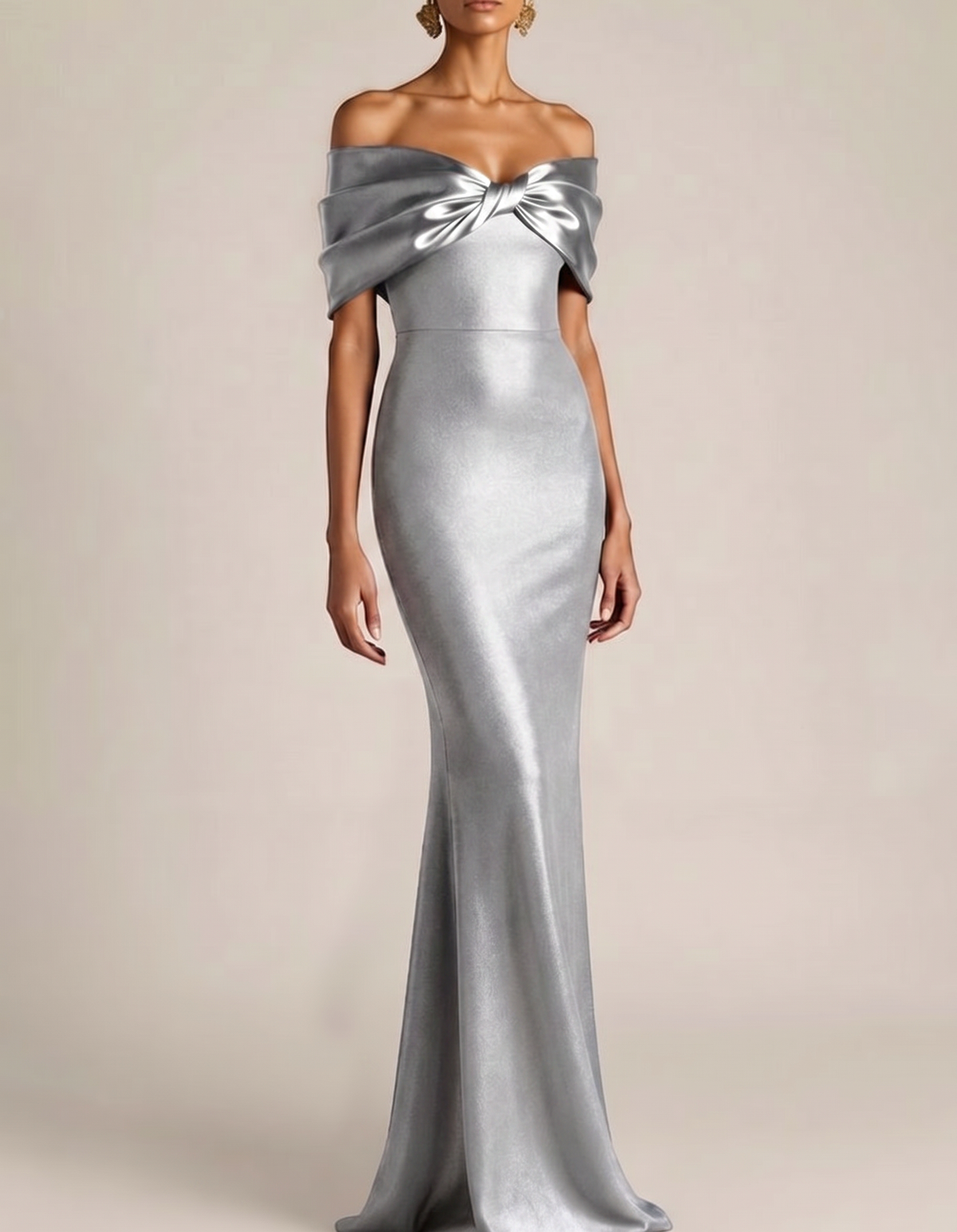 Satin Bow Off-Shoulder Chiffon Fishtail Maxi Dress