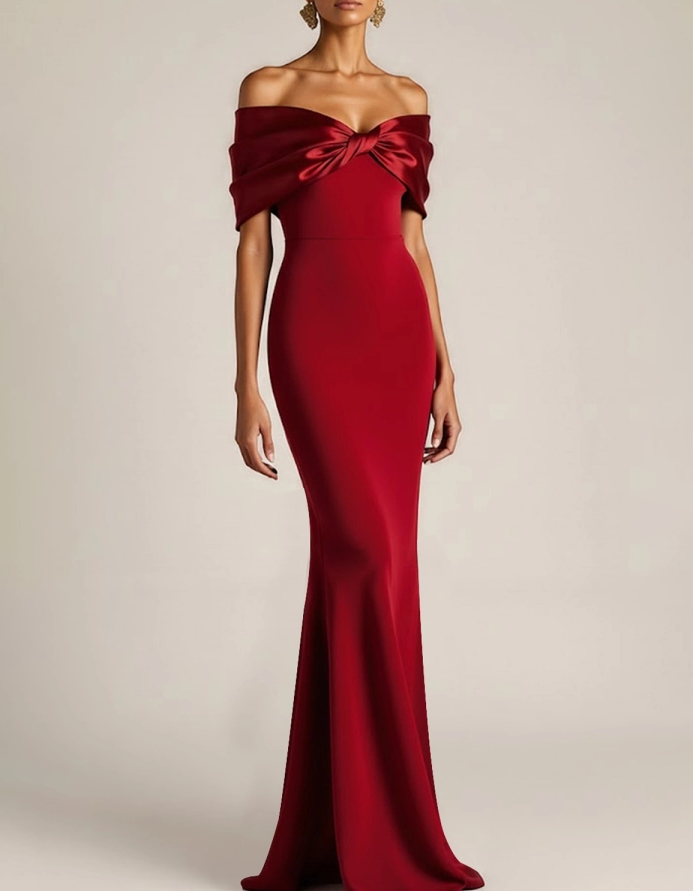 Satin Bow Off-Shoulder Chiffon Fishtail Maxi Dress