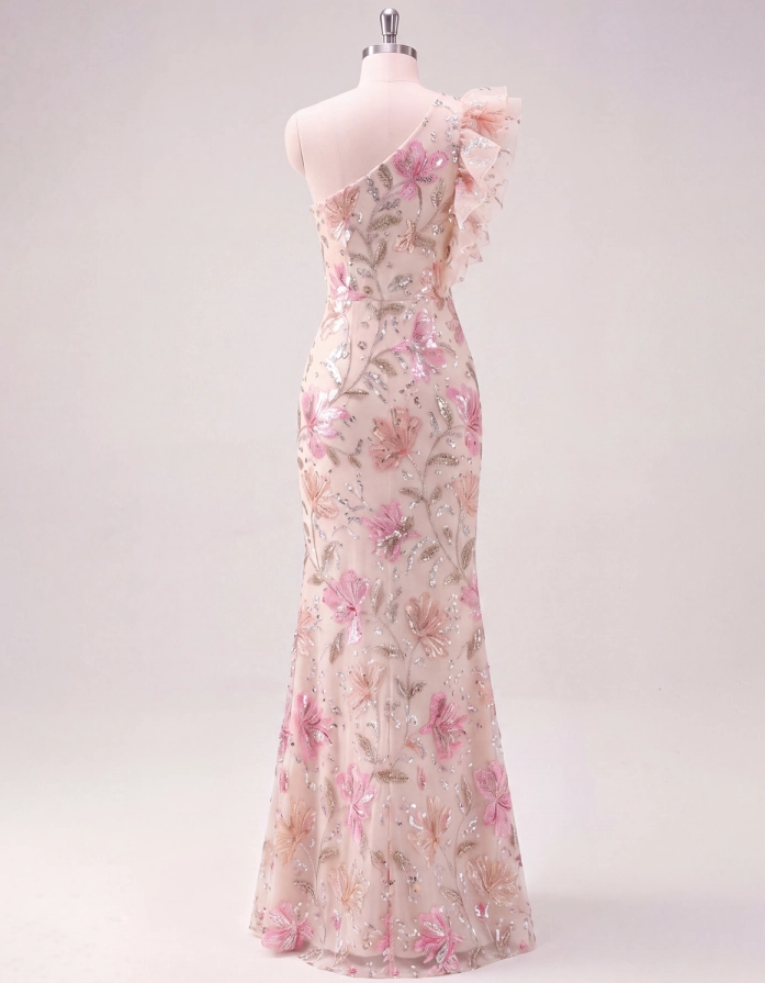 Pink Sequined Embroidered Chiffon One-Shoulder Fishtail Maxi Dress