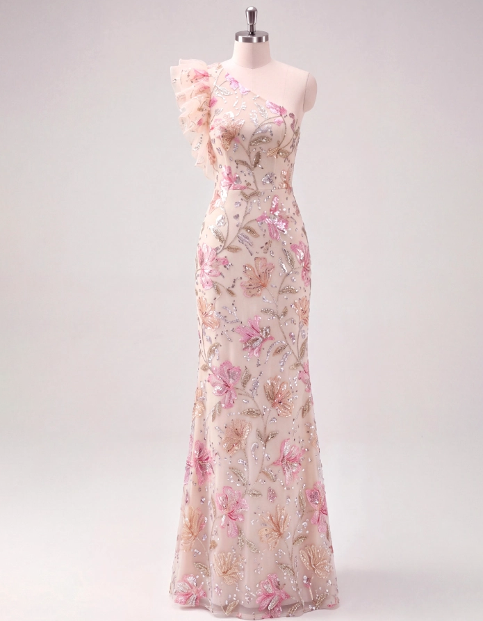 Pink Sequined Embroidered Chiffon One-Shoulder Fishtail Maxi Dress