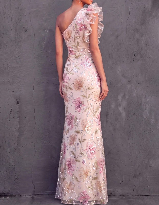 Pink Sequined Embroidered Chiffon One-Shoulder Fishtail Maxi Dress