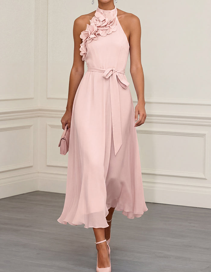 Blush Pink 3D Floral Halter Neck Chiffon Midi Dress