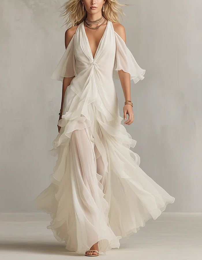 Solid Color Chiffon Off Shoulder Twisted Ruffle Maxi Dress