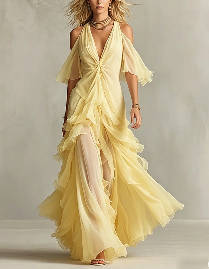 Solid Color Chiffon Off Shoulder Twisted Ruffle Maxi Dress