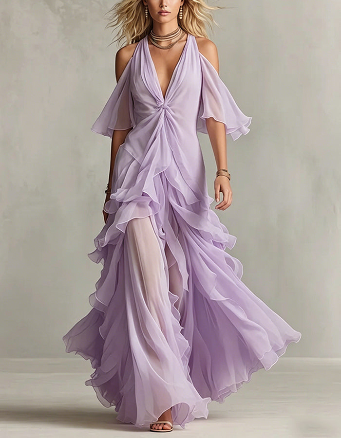 Solid Color Chiffon Off Shoulder Twisted Ruffle Maxi Dress