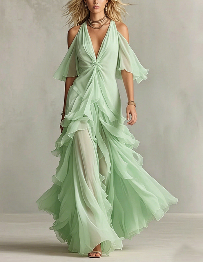 Solid Color Chiffon Off Shoulder Twisted Ruffle Maxi Dress