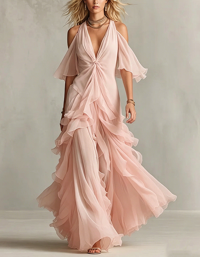 Solid Color Chiffon Off Shoulder Twisted Ruffle Maxi Dress