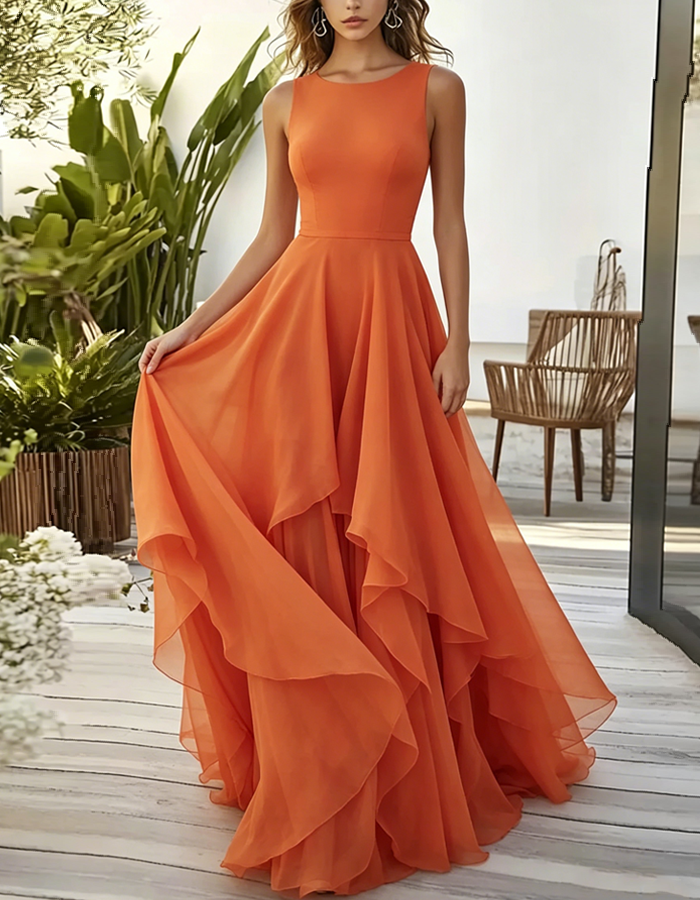 Vibrant Orange Chiffon Round-neck Sleeveless Fitted Waist Maxi Dress