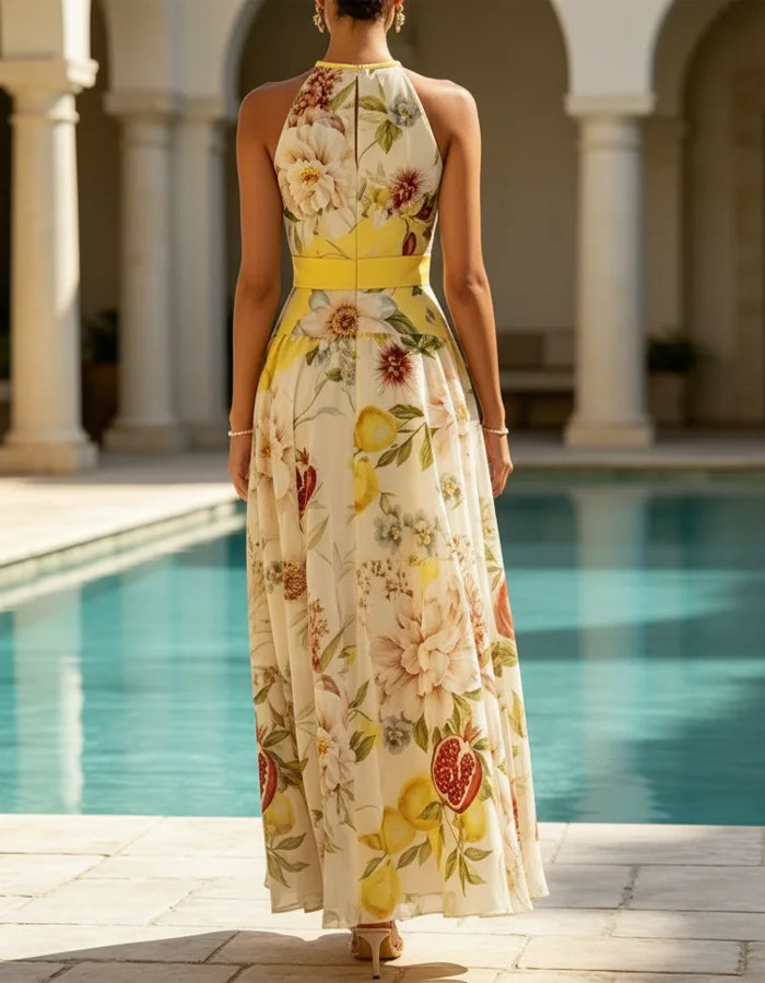 Yellow Floral Print Halter Neck Maxi Dress