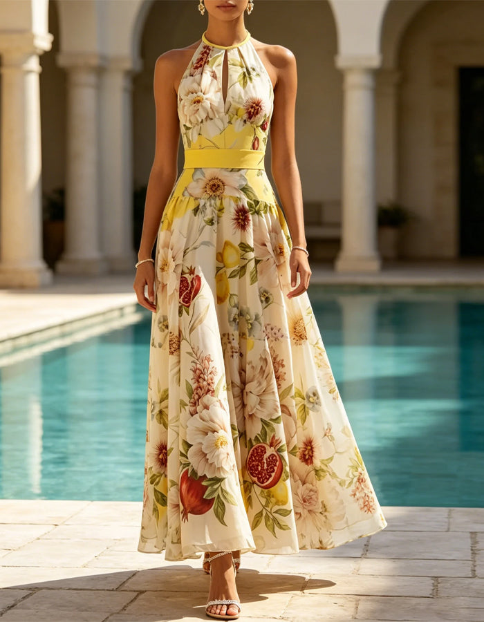 Yellow Floral Print Halter Neck Maxi Dress