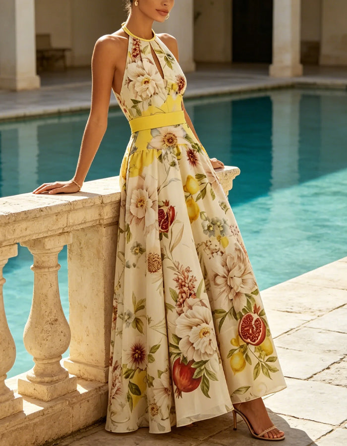 Yellow Floral Print Halter Neck Maxi Dress