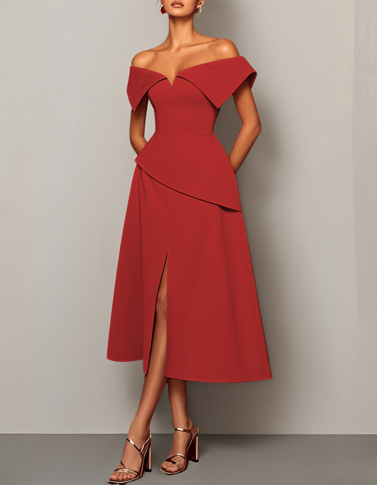 Chiffon Off-Shoulder Fitted Waist Slit Midi Dress