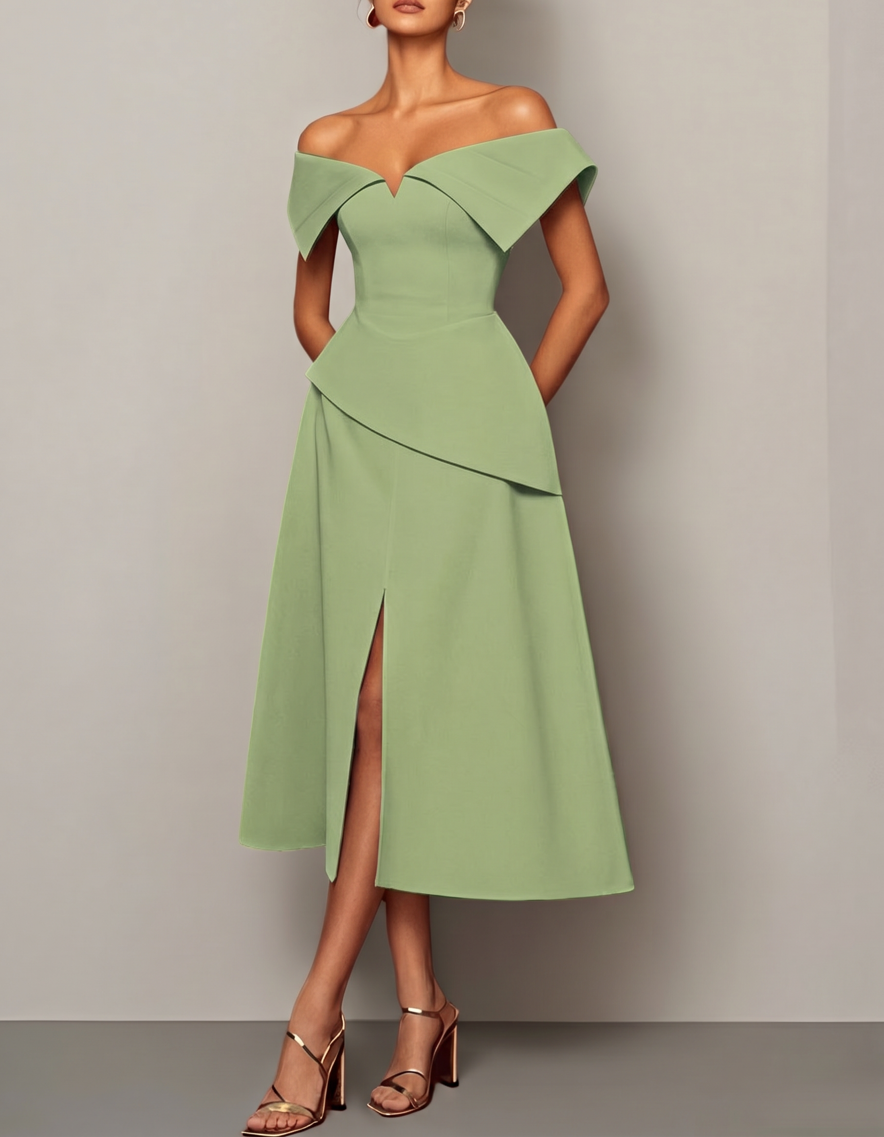 Chiffon Off-Shoulder Fitted Waist Slit Midi Dress