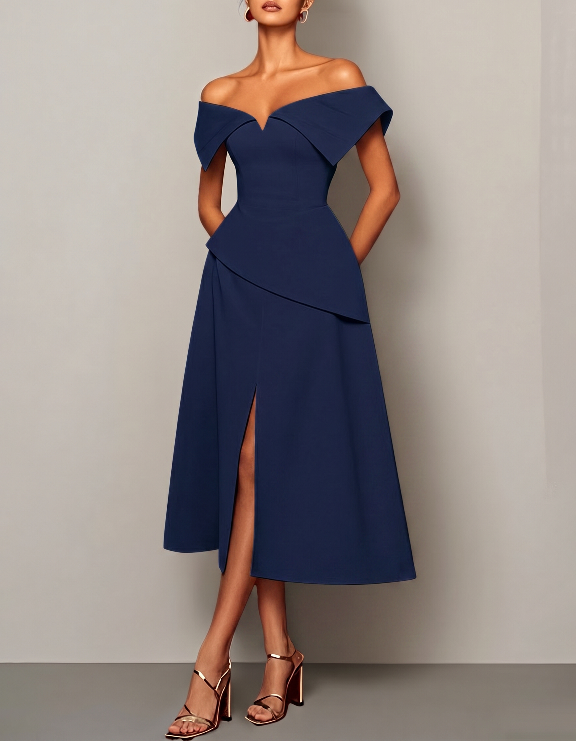 Chiffon Off-Shoulder Fitted Waist Slit Midi Dress