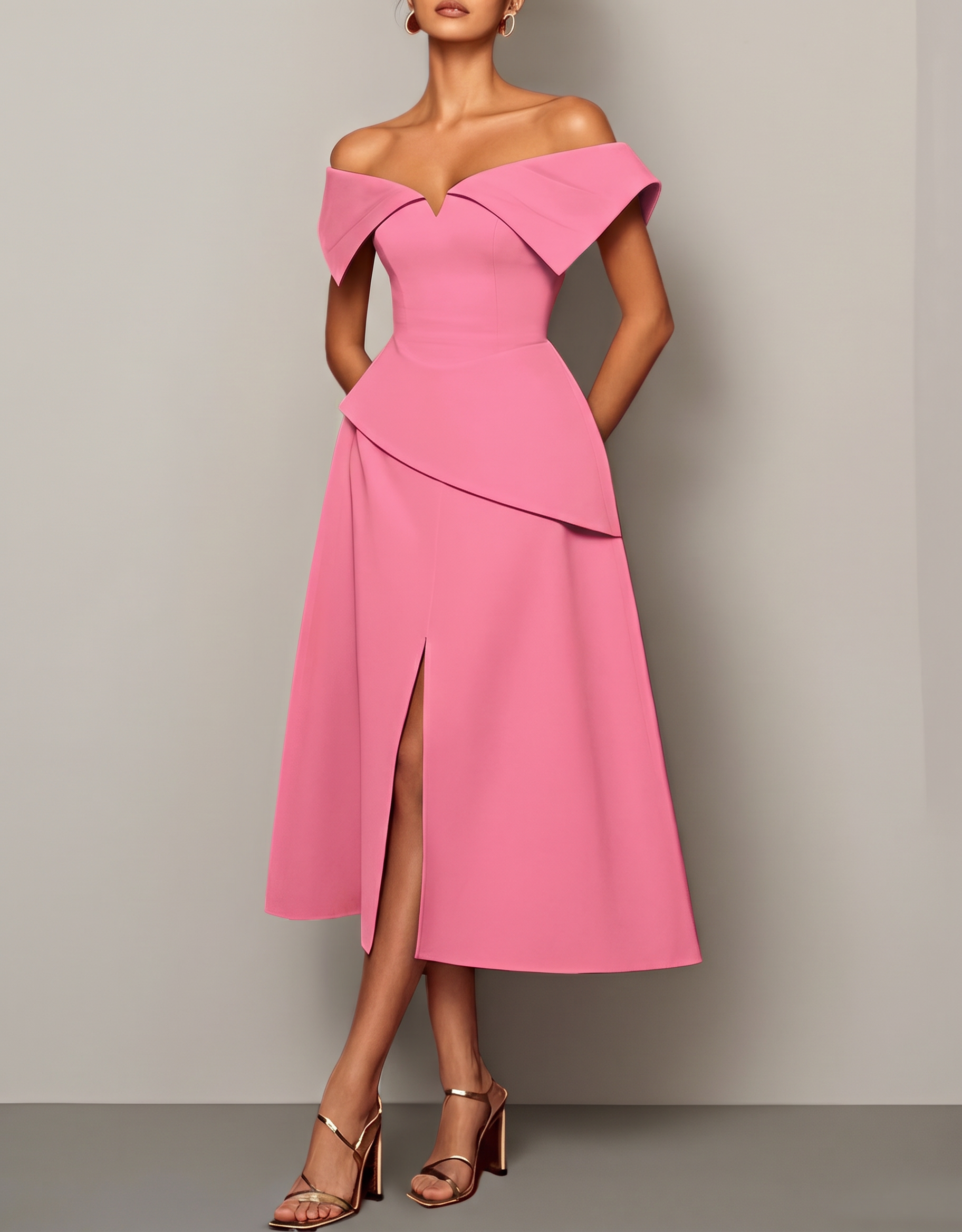 Chiffon Off-Shoulder Fitted Waist Slit Midi Dress