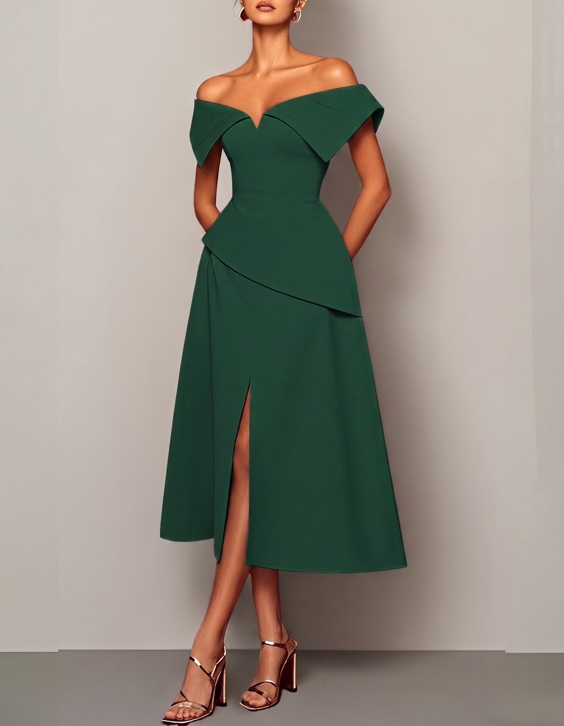 Chiffon Off-Shoulder Fitted Waist Slit Midi Dress