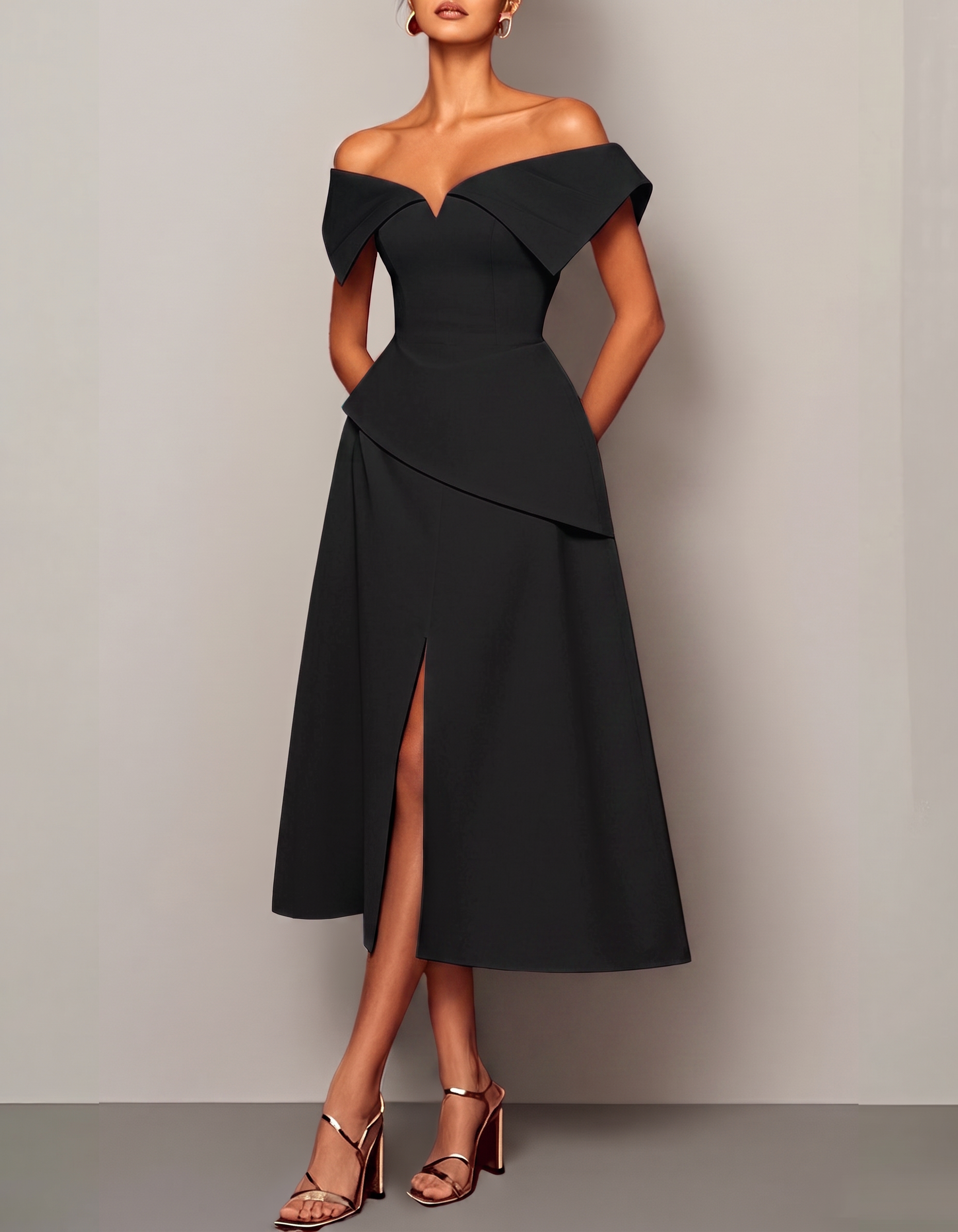 Chiffon Off-Shoulder Fitted Waist Slit Midi Dress