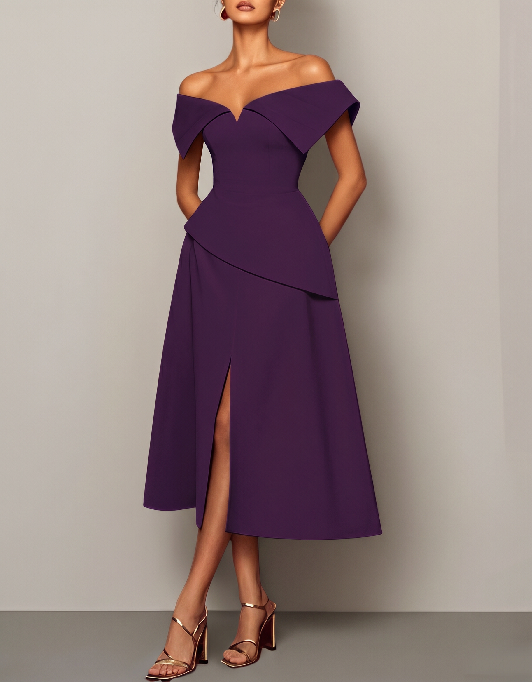 Chiffon Off-Shoulder Fitted Waist Slit Midi Dress