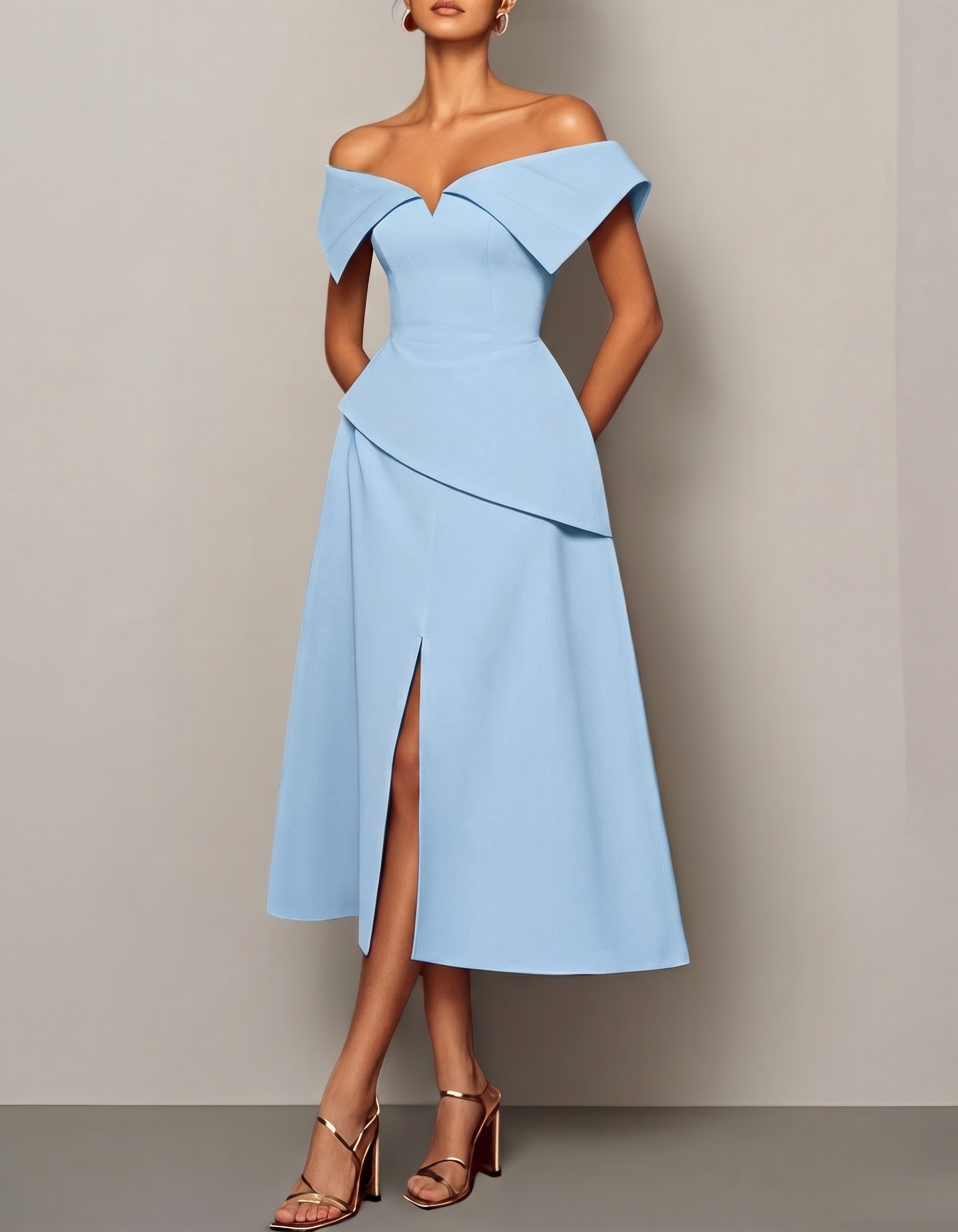Chiffon Off-Shoulder Fitted Waist Slit Midi Dress