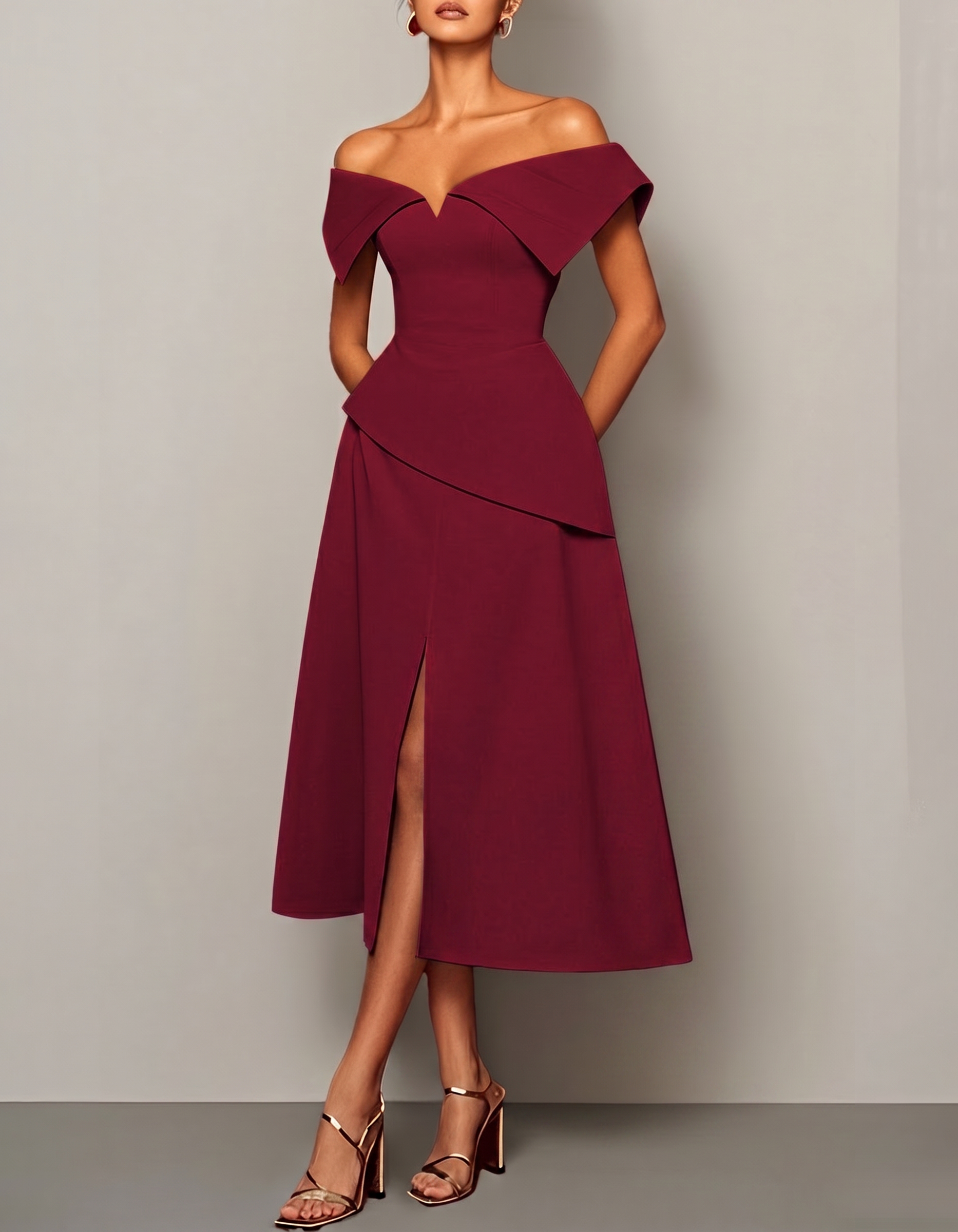 Chiffon Off-Shoulder Fitted Waist Slit Midi Dress