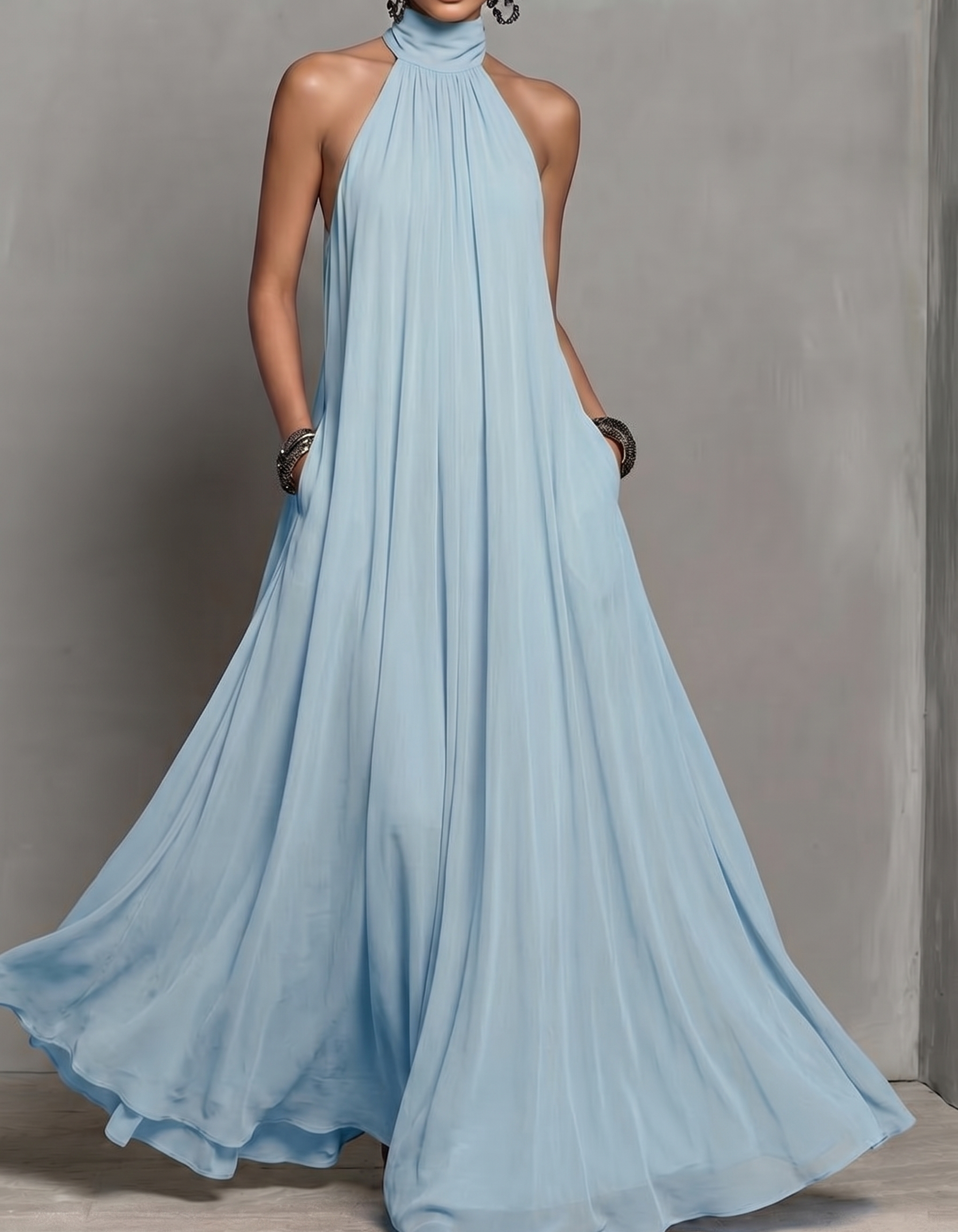 Halter Neck Chiffon Pocket A-Line Maxi Dress