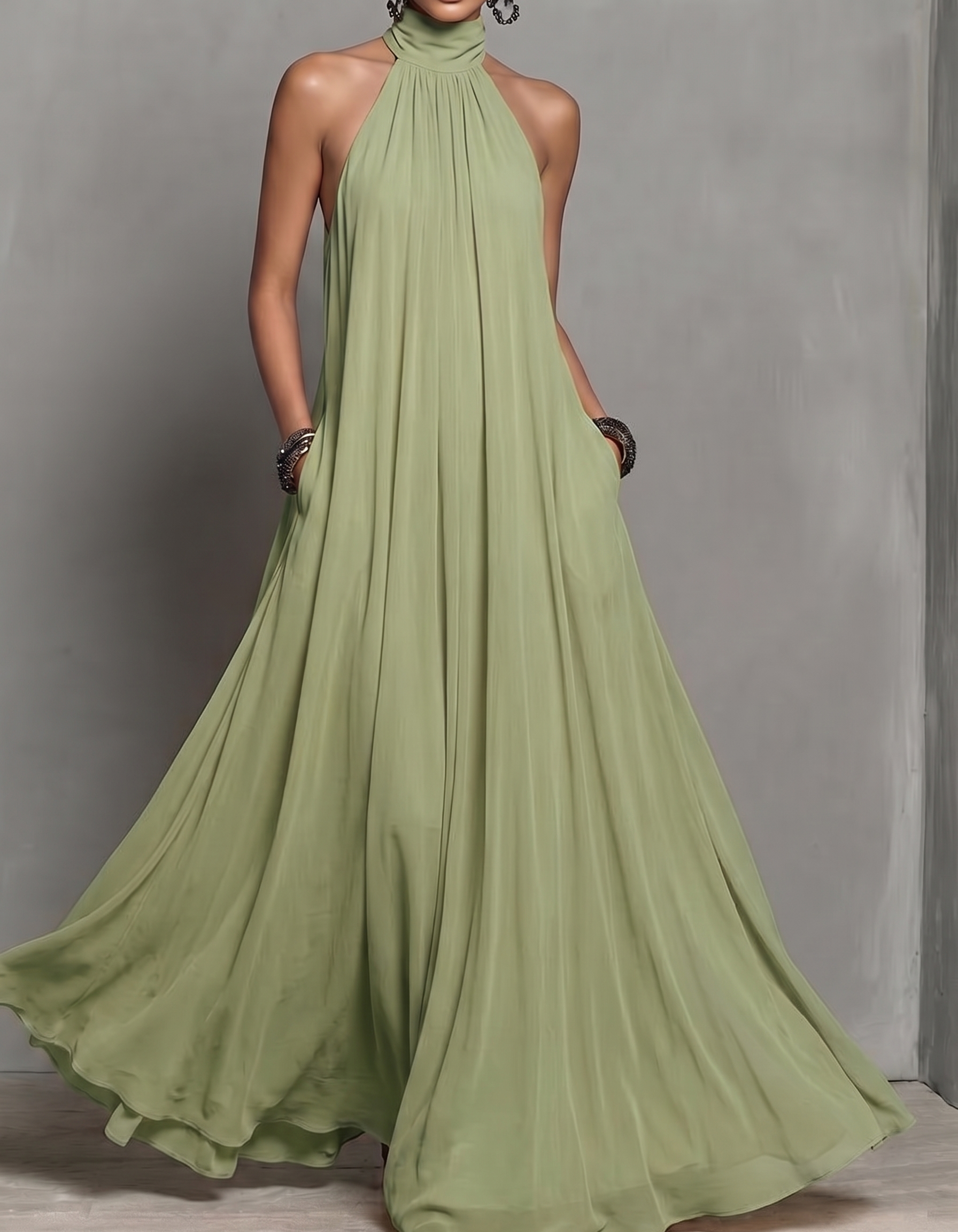 Halter Neck Chiffon Pocket A-Line Maxi Dress