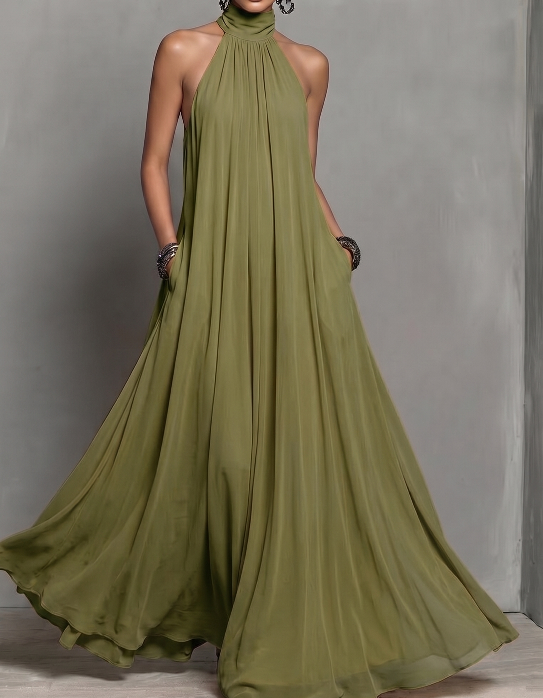 Halter Neck Chiffon Pocket A-Line Maxi Dress