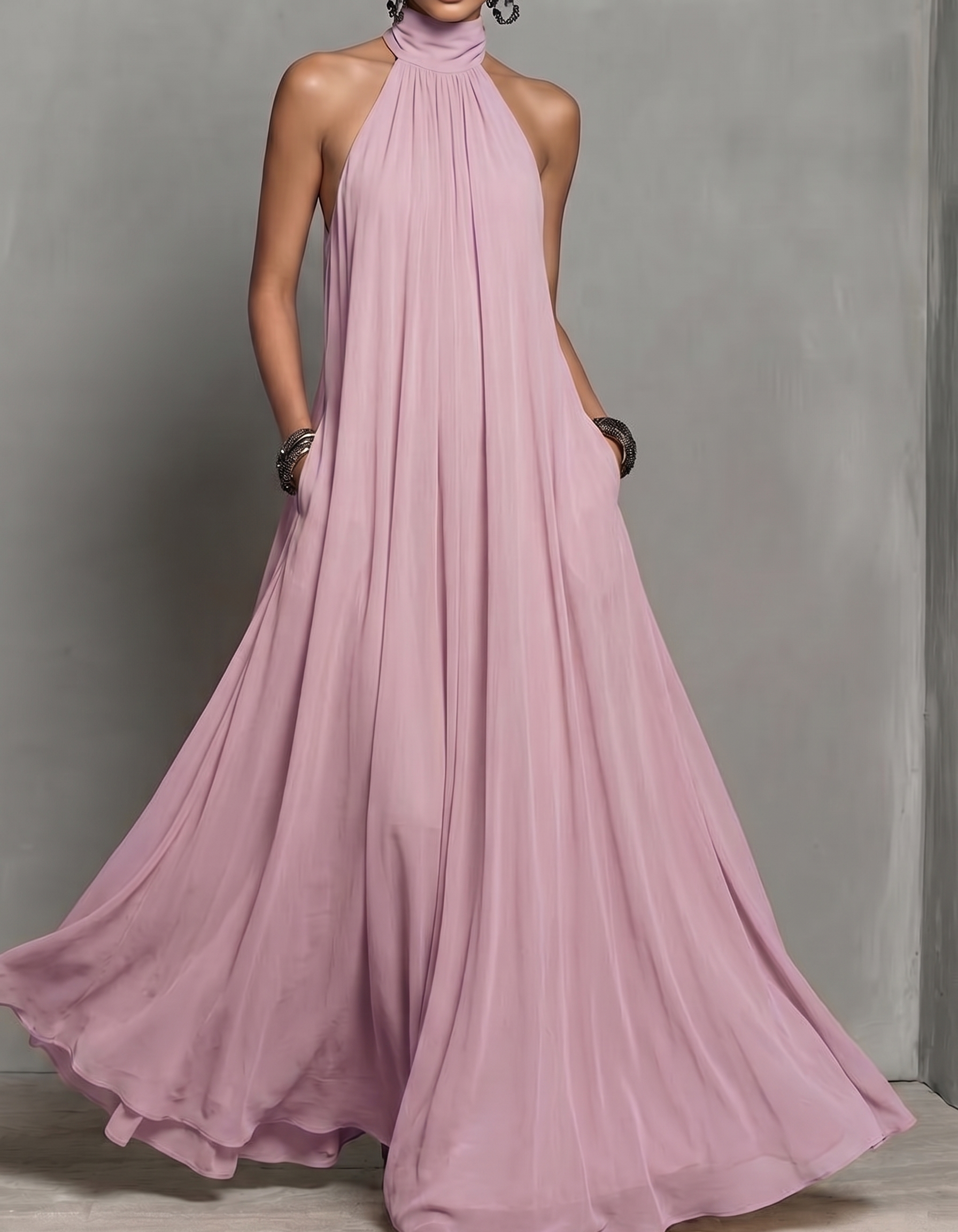 Halter Neck Chiffon Pocket A-Line Maxi Dress