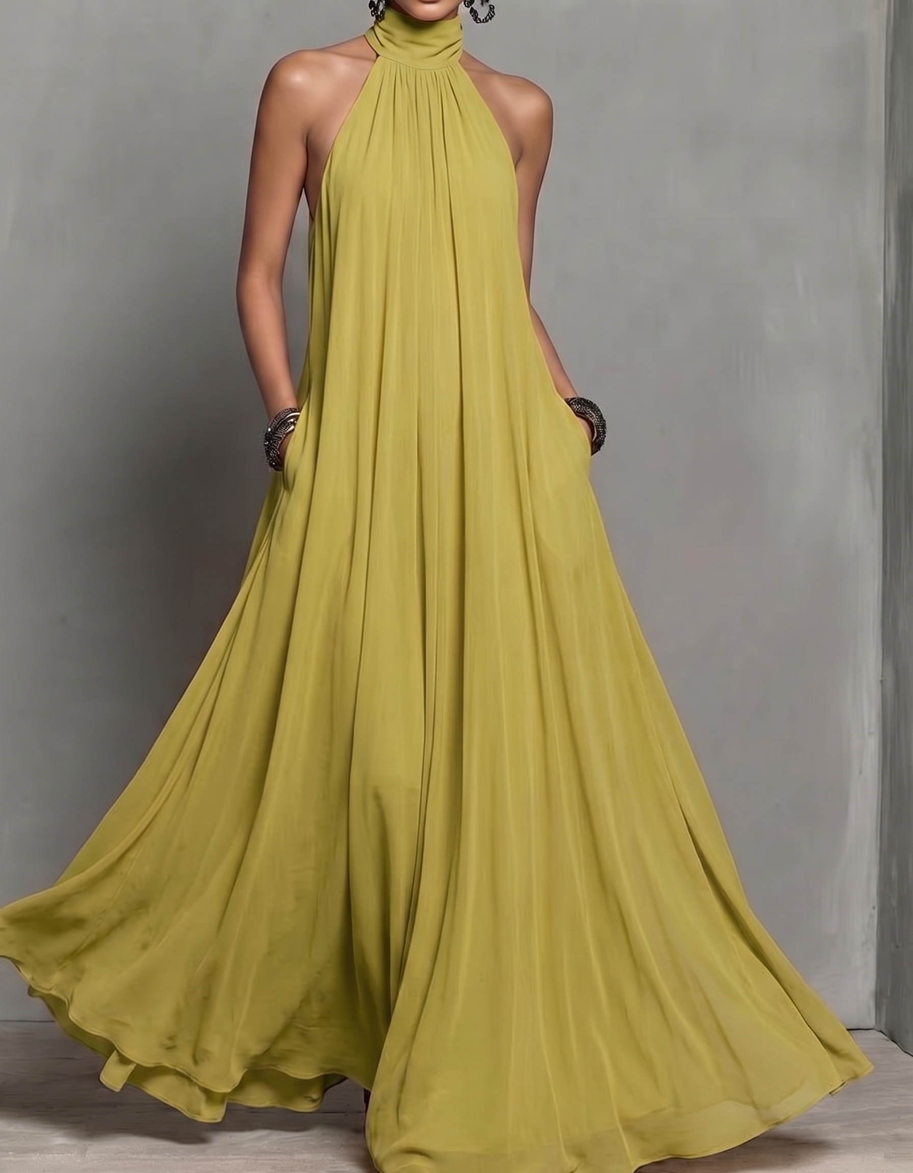 Halter Neck Chiffon Pocket A-Line Maxi Dress