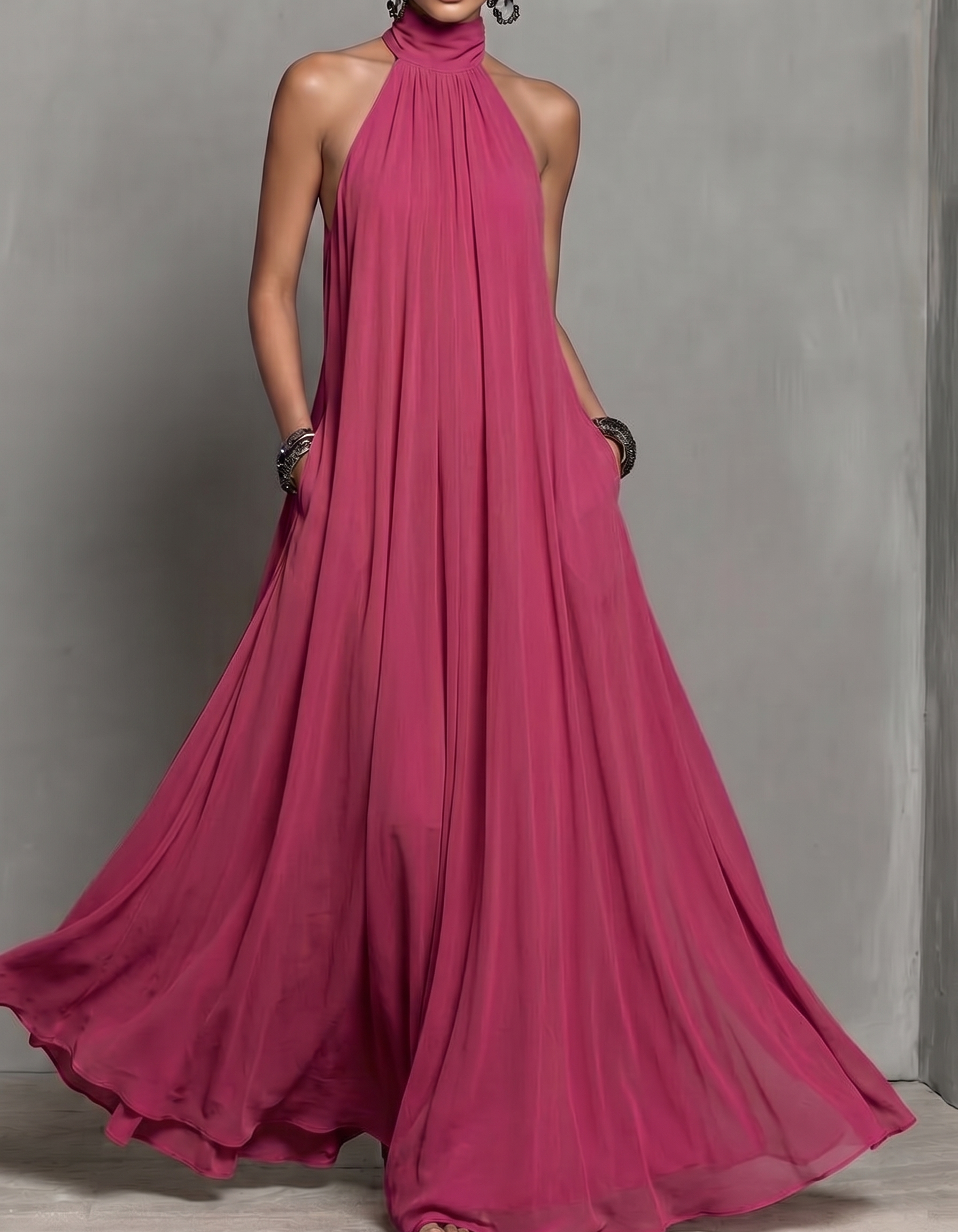Halter Neck Chiffon Pocket A-Line Maxi Dress
