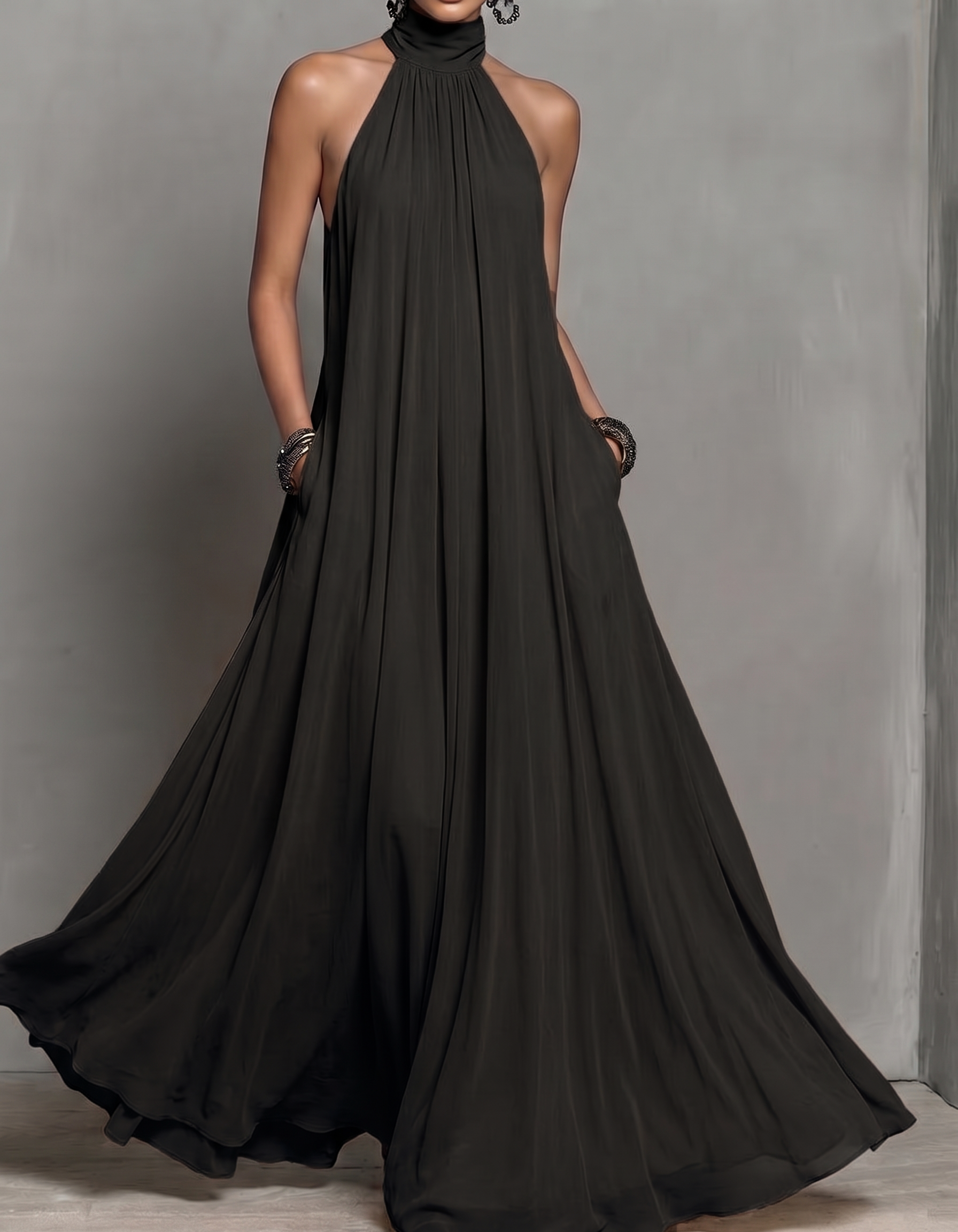 Halter Neck Chiffon Pocket A-Line Maxi Dress
