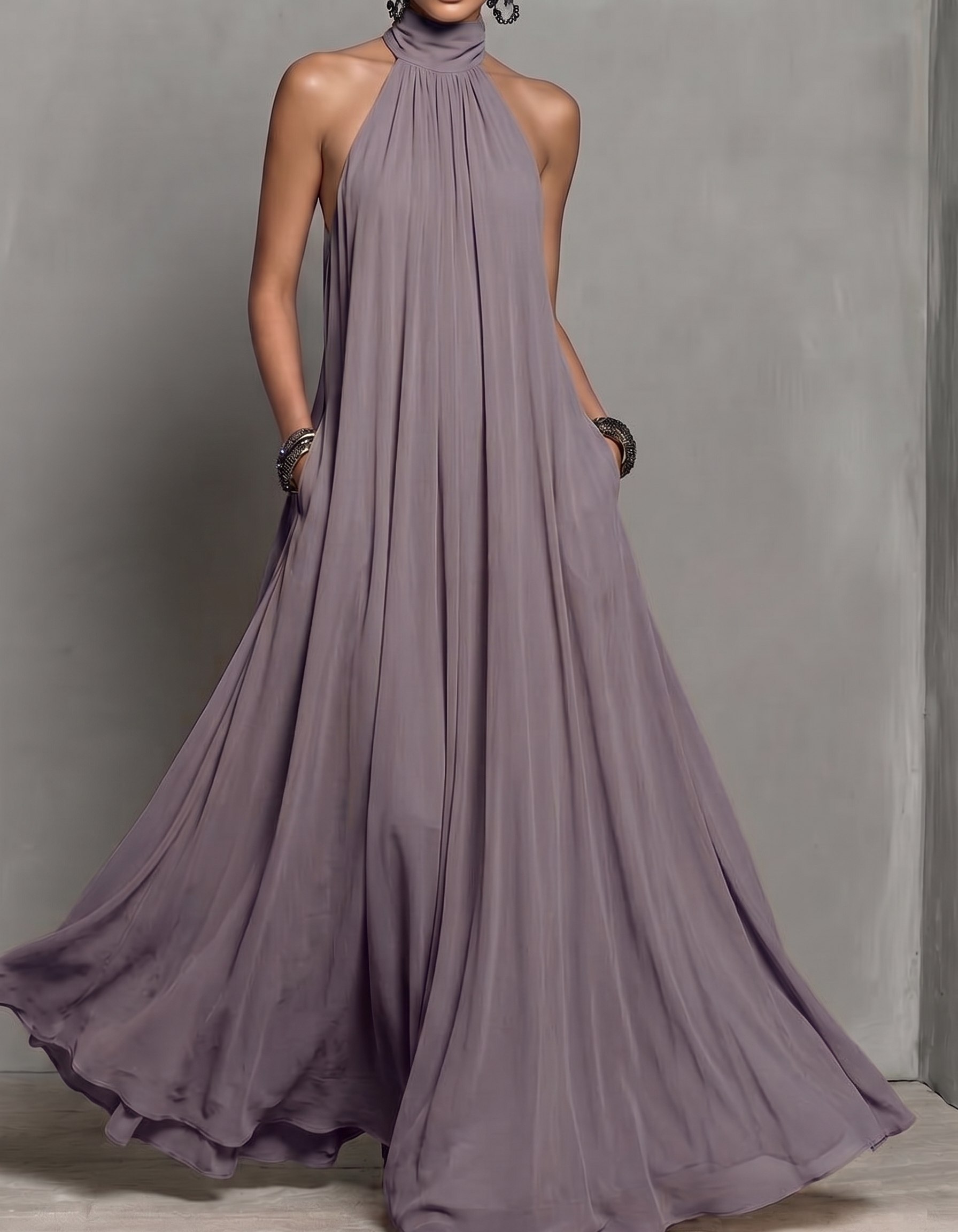 Halter Neck Chiffon Pocket A-Line Maxi Dress
